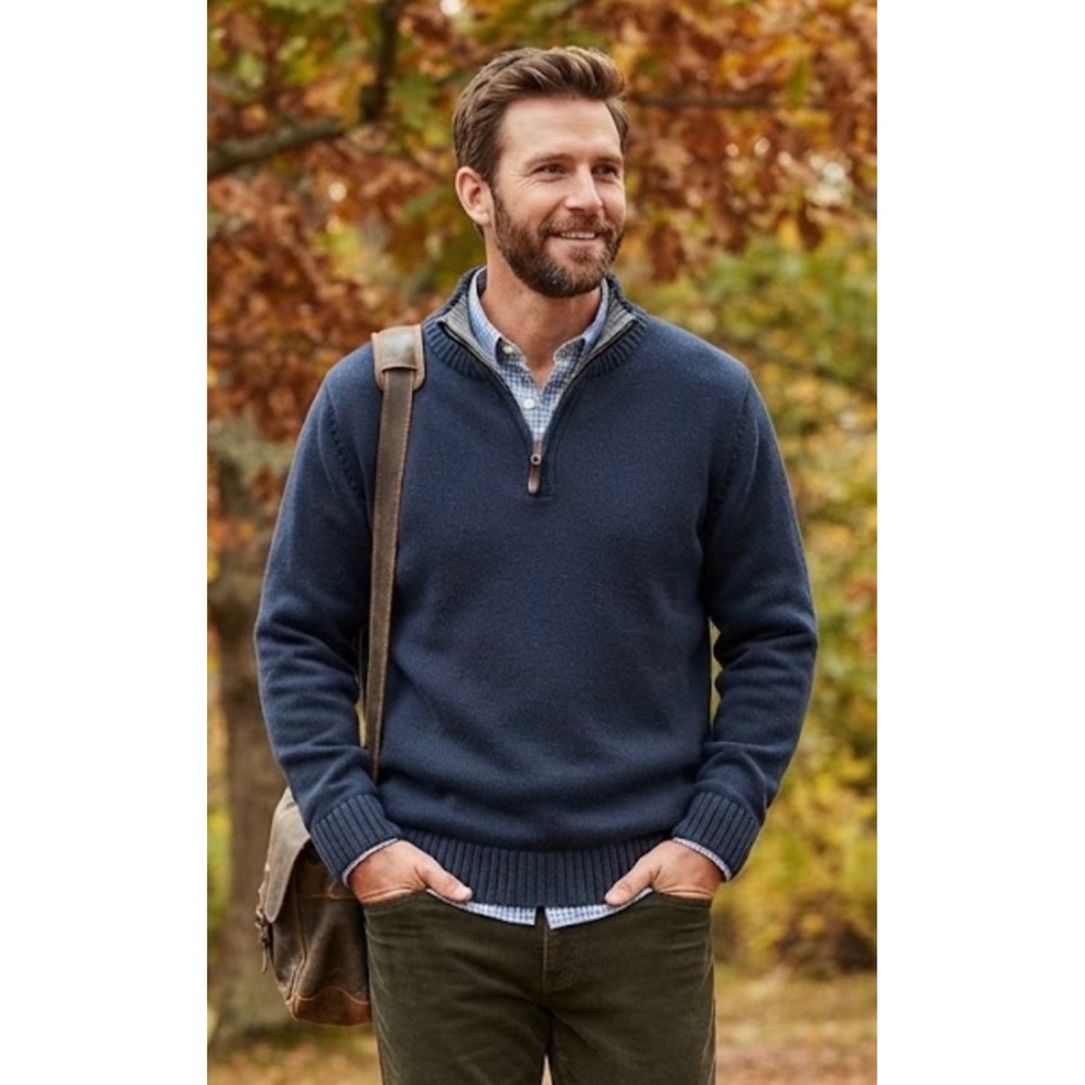 LL Bean Mens XXL Navy Blue 100% Cotton Quarter Zip Mock Neck Sweater 287735